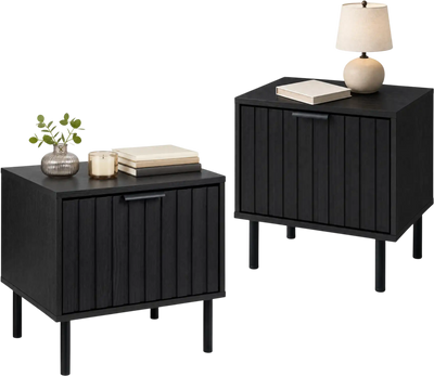 Costway Set of 2 Modern Black Nightstands w/ Vertical-Striped Storage Drawer 23692359 New