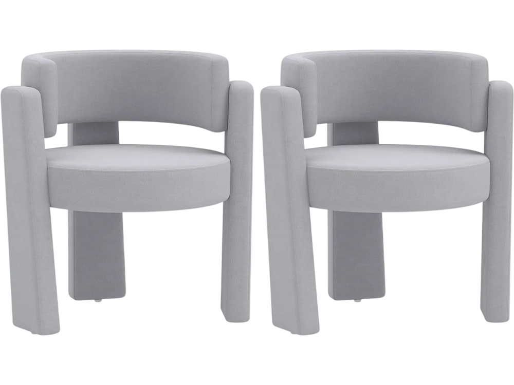 Set of 2 gray upholstered armchairs with curved backrest and thick cushions, perfect for dining or living room use.
