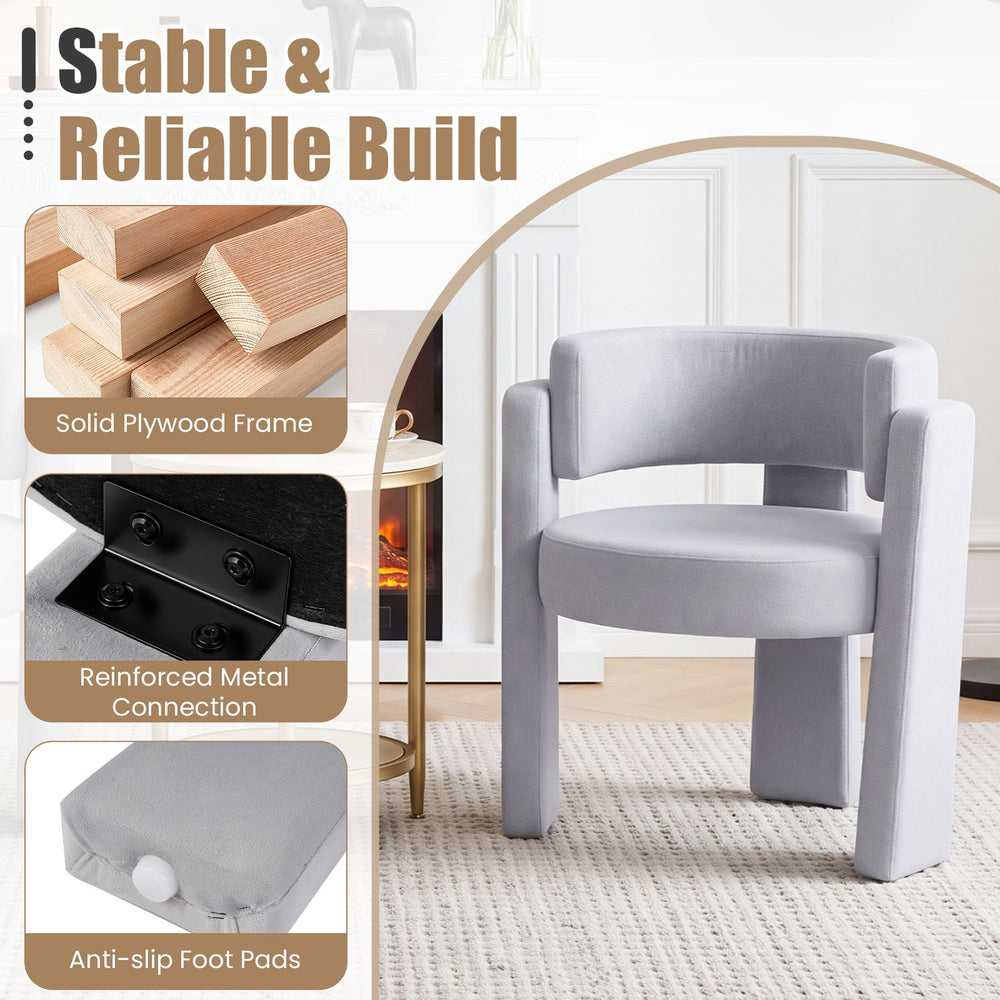Gray upholstered barrel accent chair with a solid plywood frame and anti-slip foot pads for versatile styling in any room.