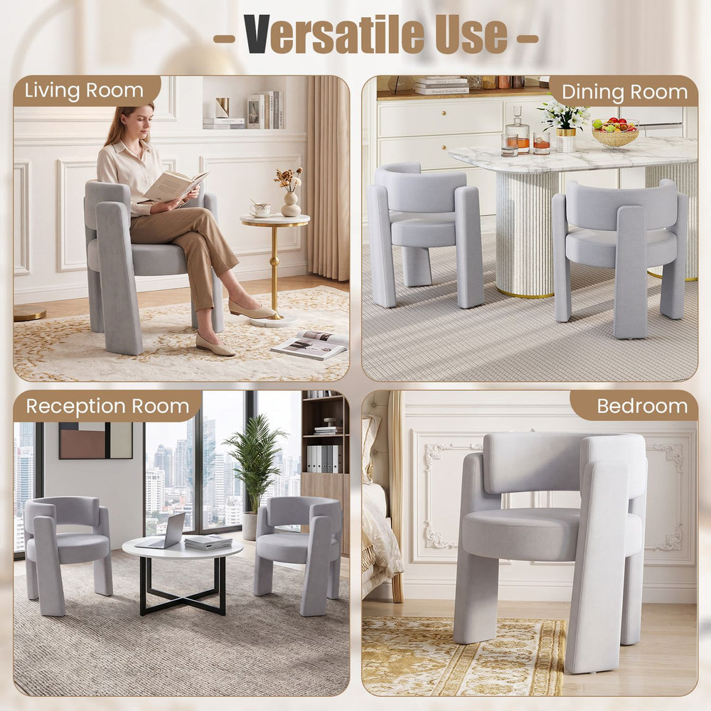 Gray velvet barrel accent chair set featuring a curved backrest and thick cushion for comfort in various living spaces.