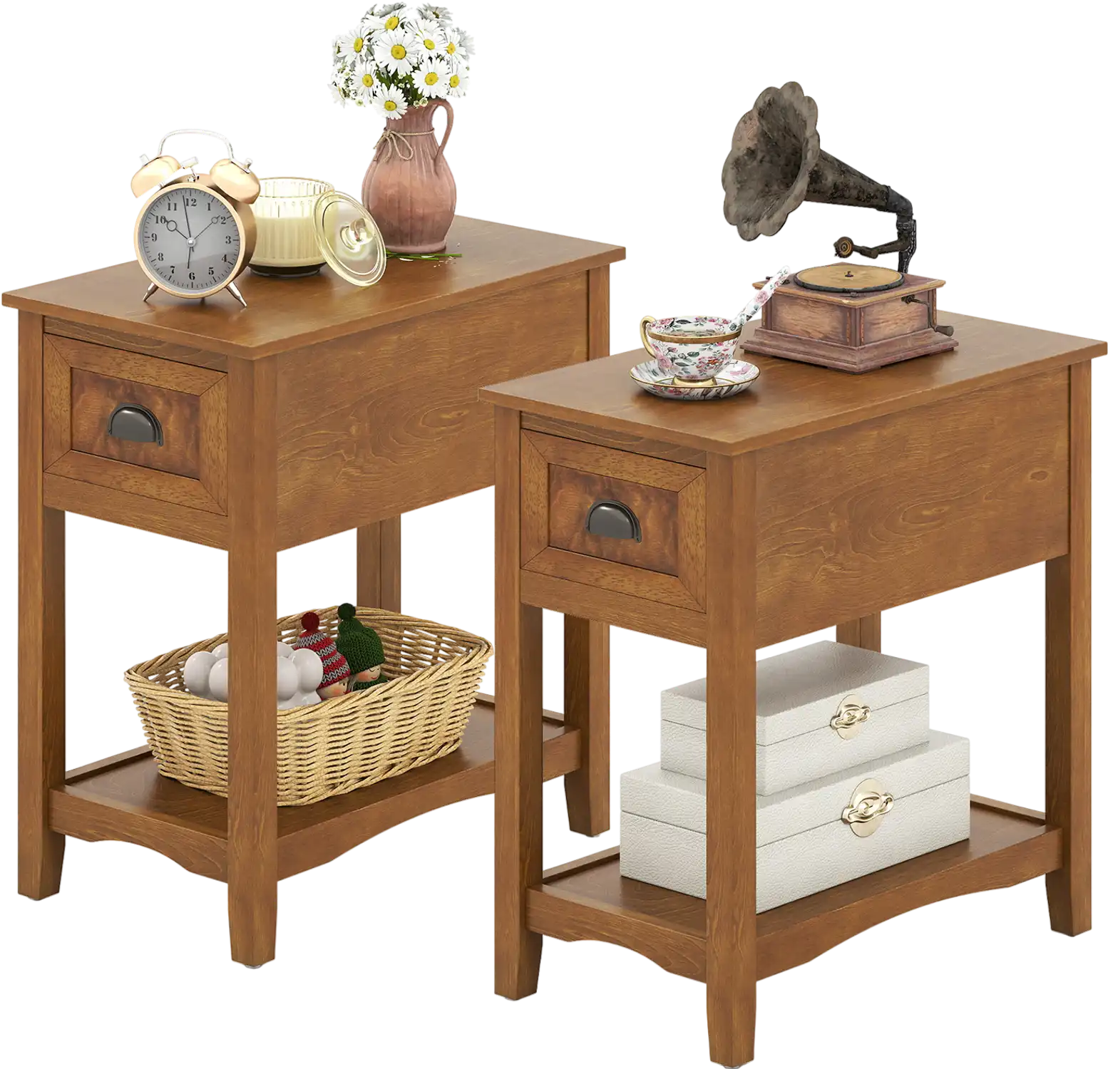 Costway Retro Narrow Tiered End Table w/ Drawer & Shelf 2-Piece 78246953 New