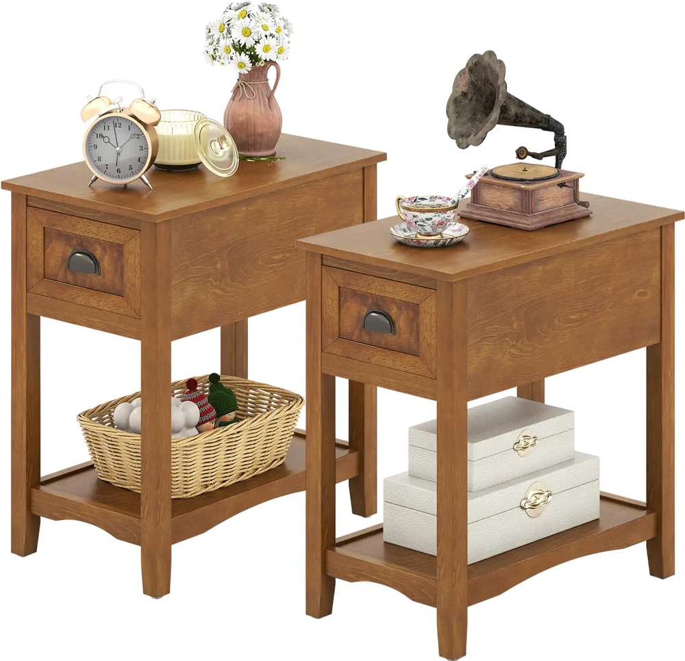 Set of 2 contemporary side end tables in natural finish with drawer and shelf, ideal for compact living spaces.