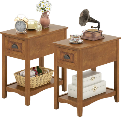 Costway 2-Pc Retro Narrow Tiered End Table w/ Drawer & Storage Shelf 78246953 New