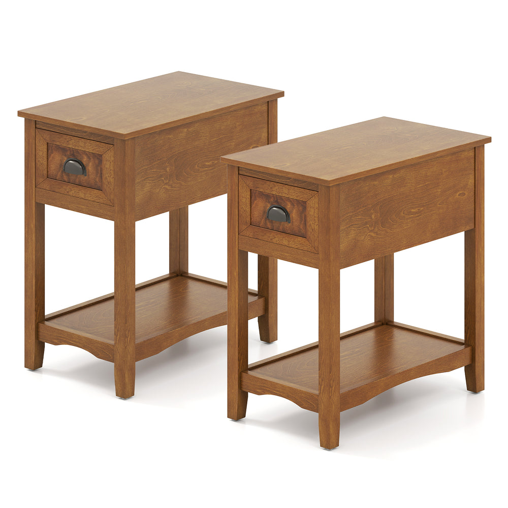Set of 2 contemporary side end tables in natural finish with drawer and shelf, perfect for compact living spaces.