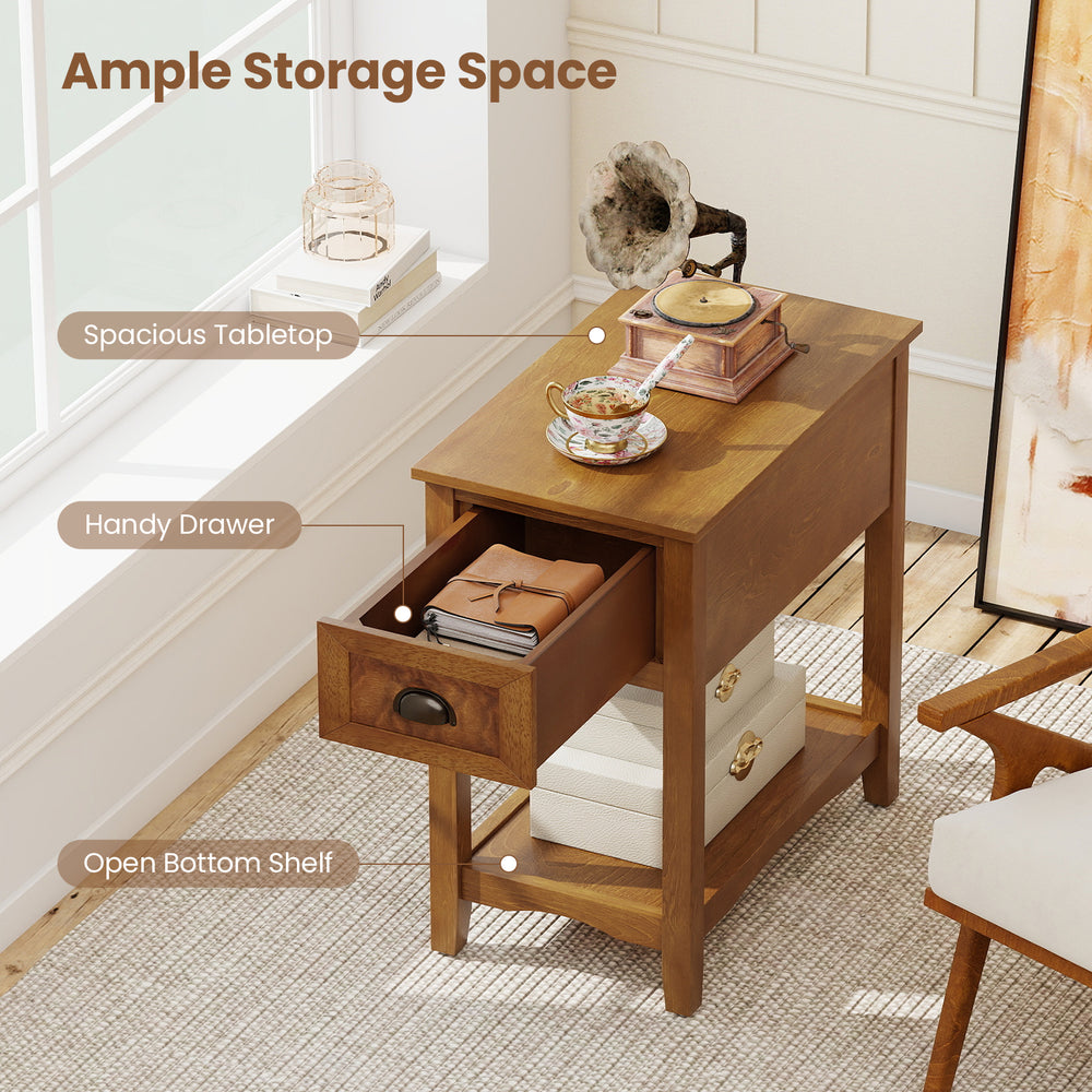 Contemporary side end table with a spacious tabletop, drawer, and open bottom shelf for ample storage in natural finish.