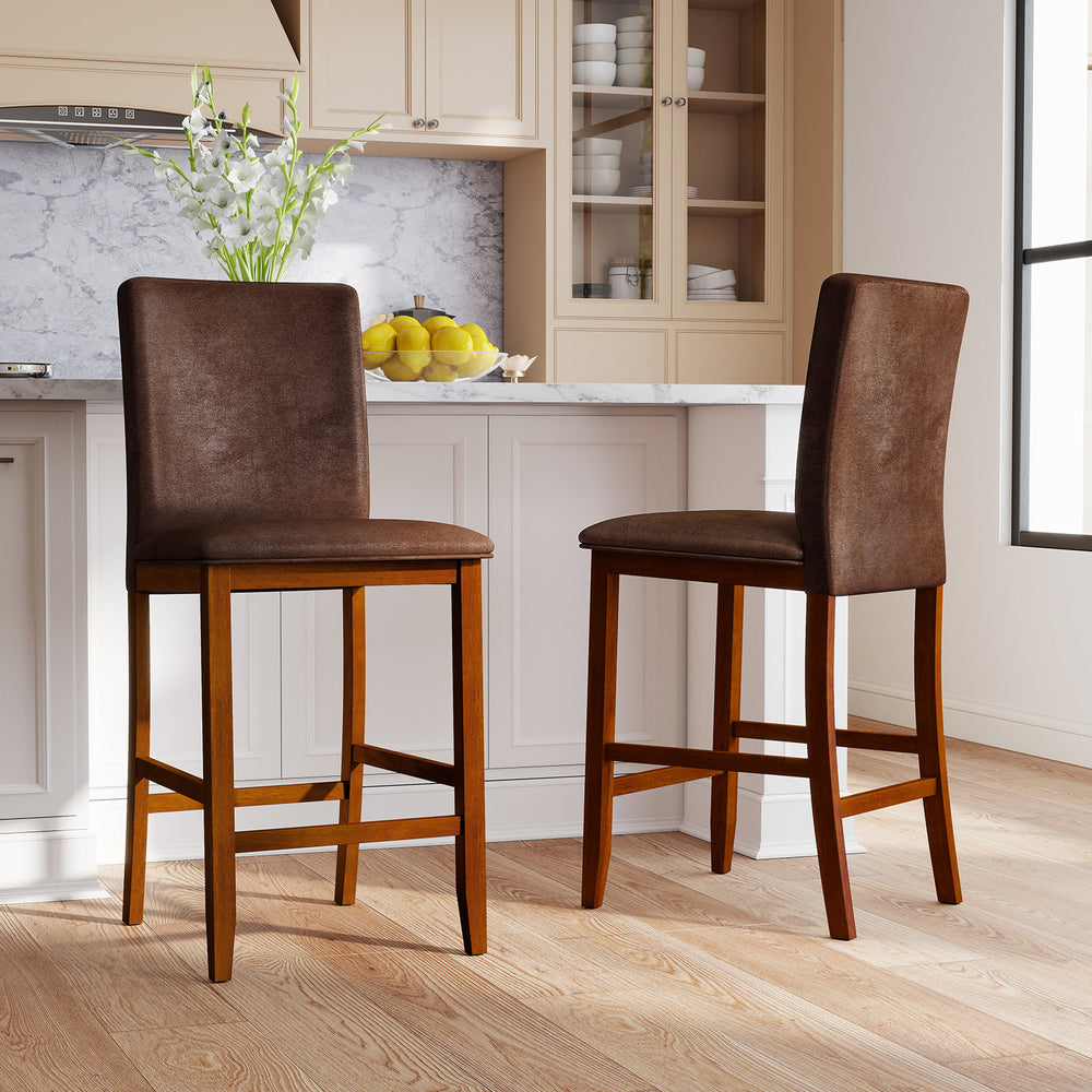 Set of 2 walnut counter barstools with rubberwood legs and upholstered seats, ideal for kitchens and dining areas.