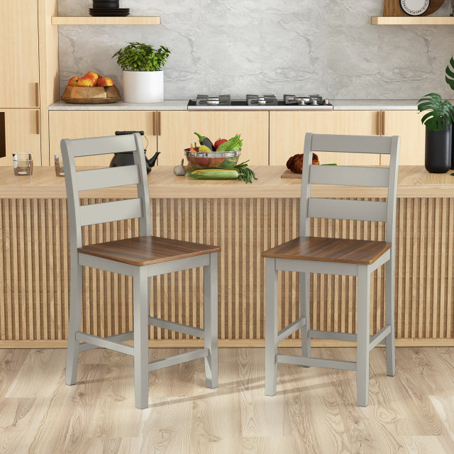 Set of 2 gray counter bar stools with inclined backrest and sturdy acacia wood legs, ideal for kitchen islands or home bars.