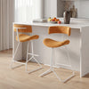 Set of 2 orange counter height stools with padded seats, curved backs, and stable metal bases for kitchen counters.