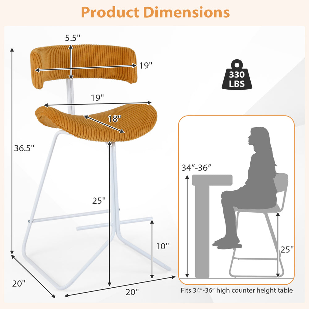 Counter height stool with padded orange corduroy seat and curved back, designed for 34"-36" tables, supports 330 lbs.