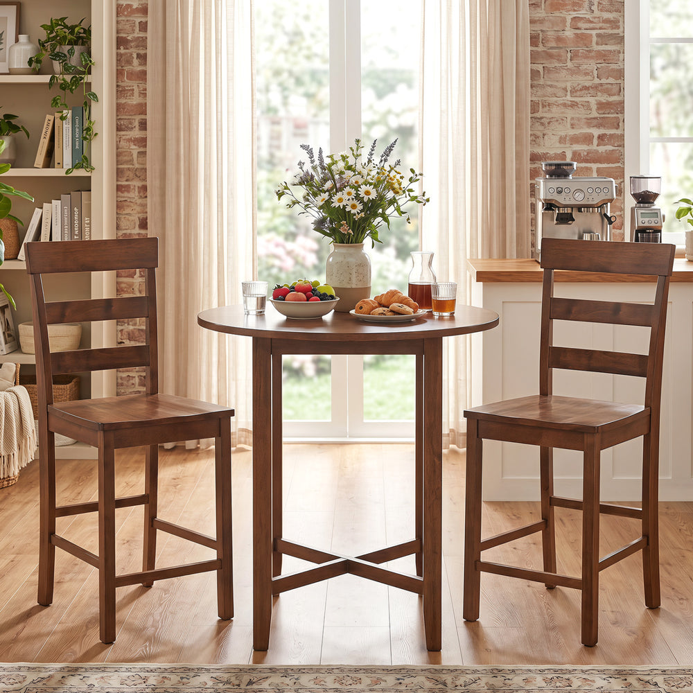 Stylish brown counter height bar stools with a solid rubber wood frame, ideal for enhancing your dining room decor.