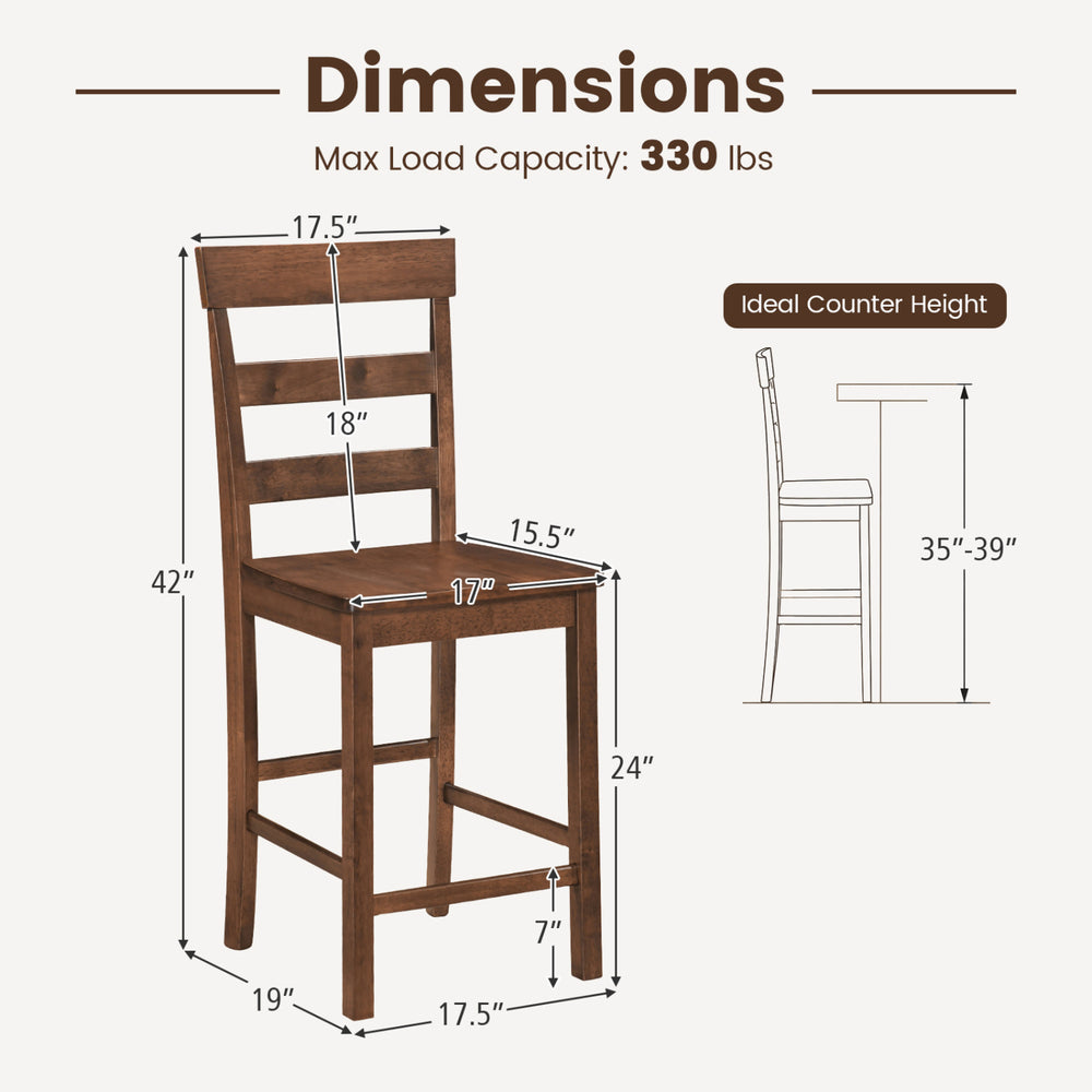 Counter height bar stool dimensions with a solid rubber wood frame, featuring a curved backrest and footrest for comfort.