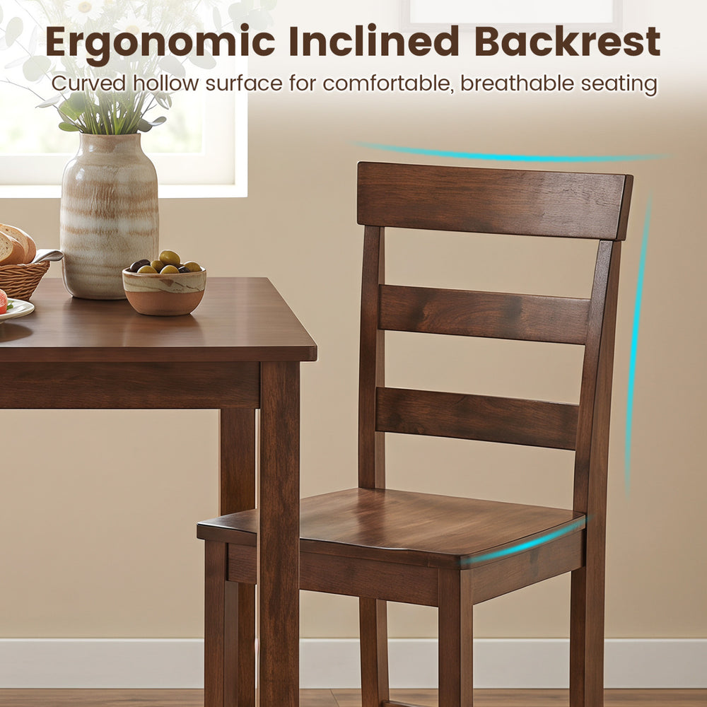 Counter height bar stool with ergonomic inclined backrest and solid rubber wood frame for comfortable dining.