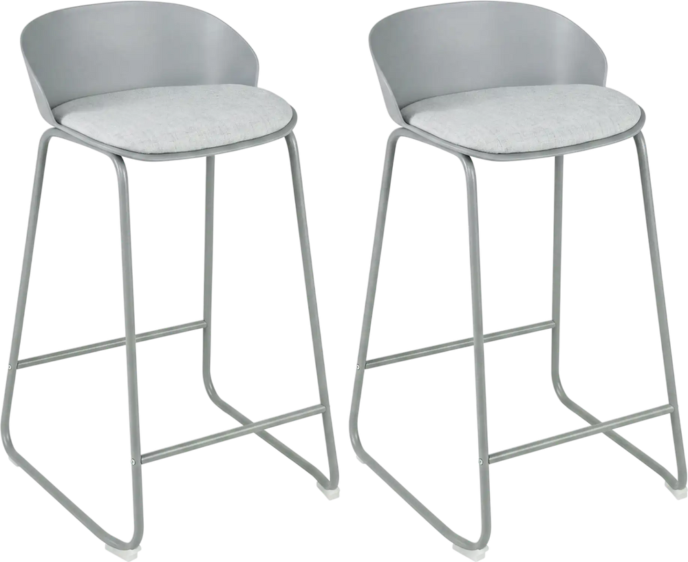 Set of 2 counter height bar stools with curved backrest, metal frame, and comfortable polyester seat cushions for bars.