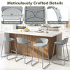 Counter height bar stools with curved backrest, metal frame, and wide seat cushion for comfortable seating in bars.