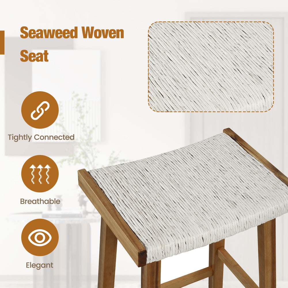 Seaweed woven seat detail of 25.5 inch dining bar stool, featuring a sturdy acacia wood frame for kitchen use.