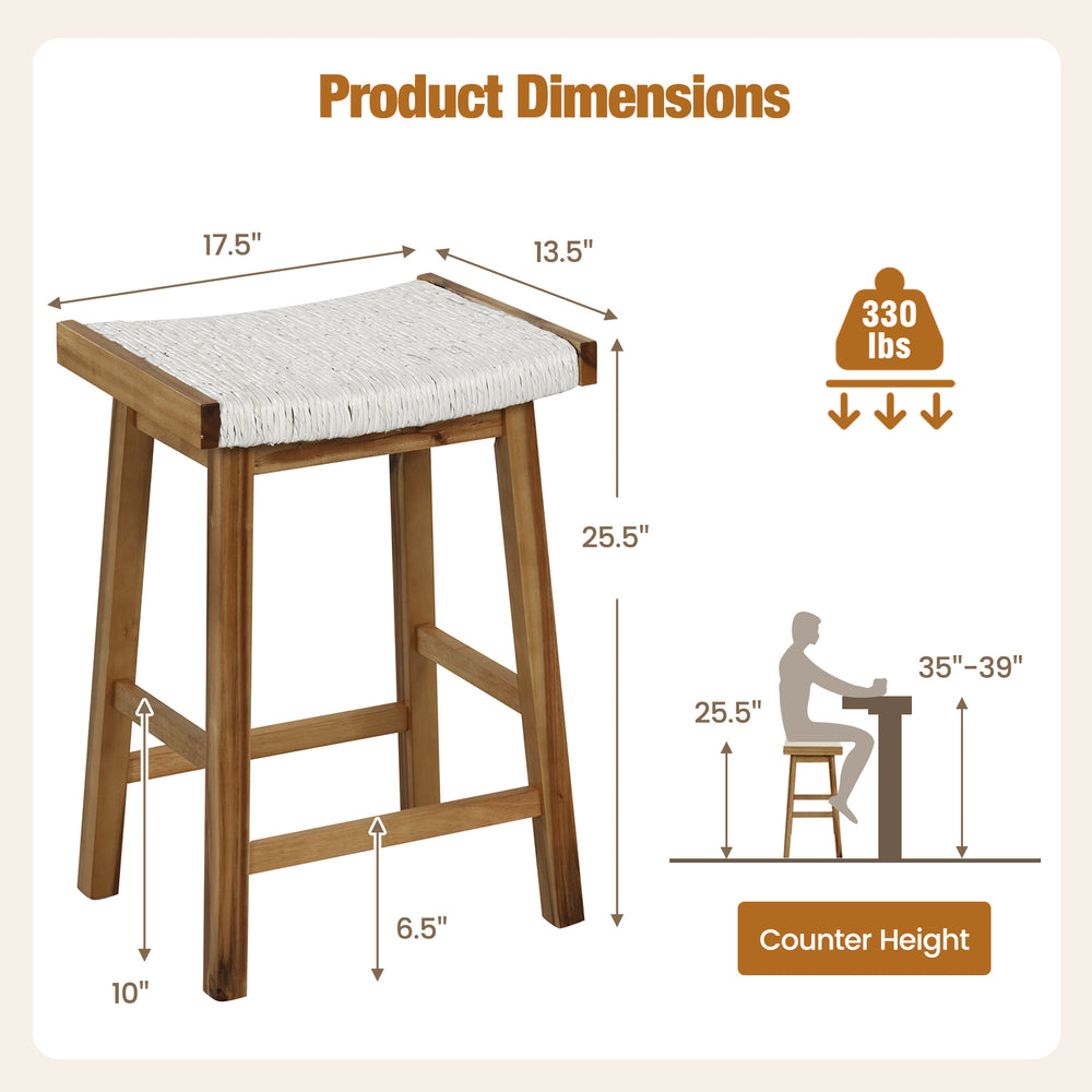 Counter height dining bar stool with seaweed woven seat, acacia wood frame, supports 330 lbs, ideal for kitchen use.