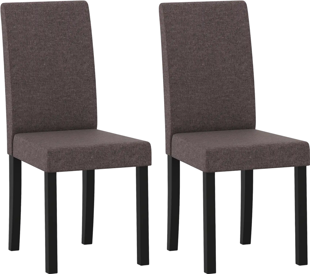 Set of 2 brown mid-century modern dining chairs with rubber wood frame and thick padded cushions for comfort.