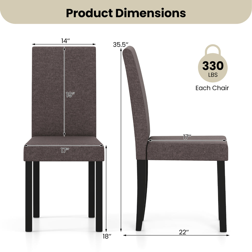 Side view of a brown mid-century modern dining chair with dimensions, featuring a rubber wood frame and thick seat.