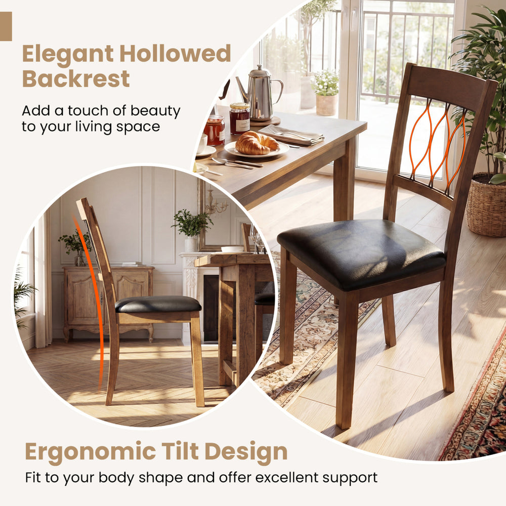 Walnut dining chair with elegant hollow backrest and padded faux leather seat, perfect for comfortable dining.