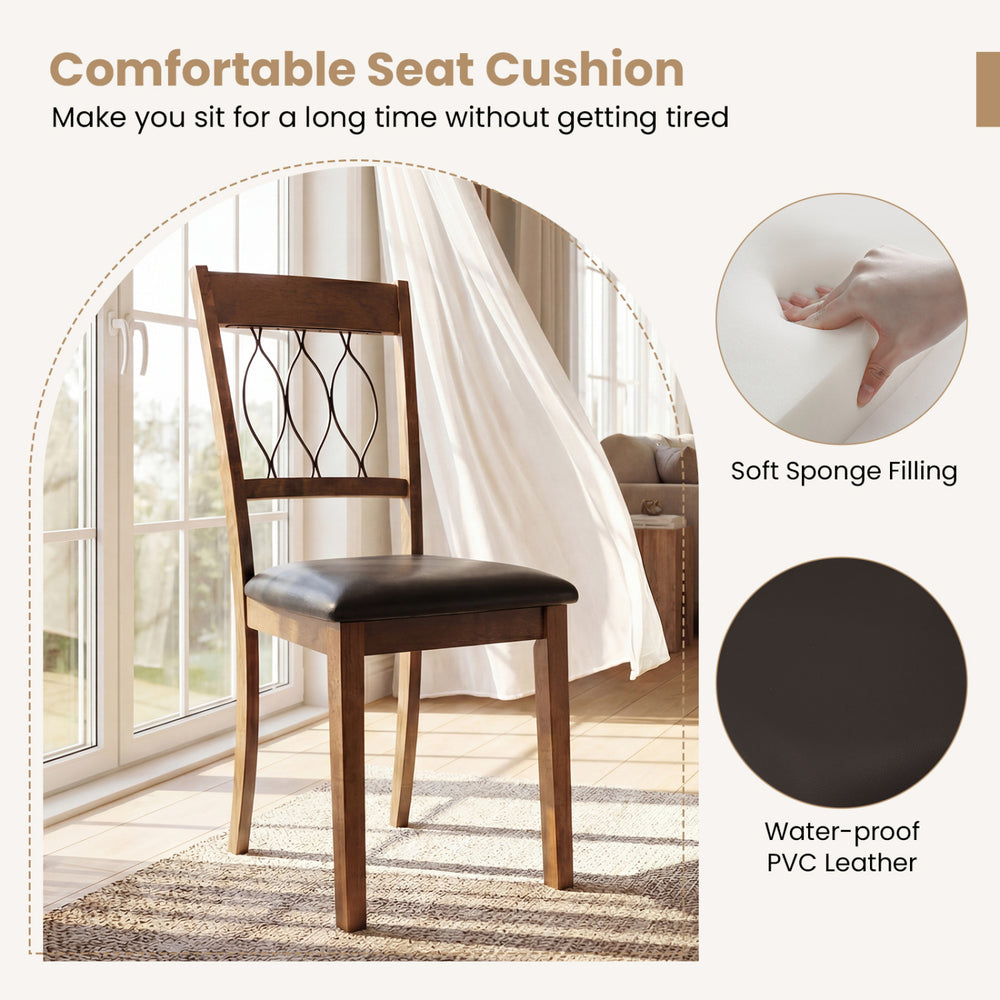 Walnut dining chair with padded seat and faux leather upholstery, designed for comfort and easy maintenance.