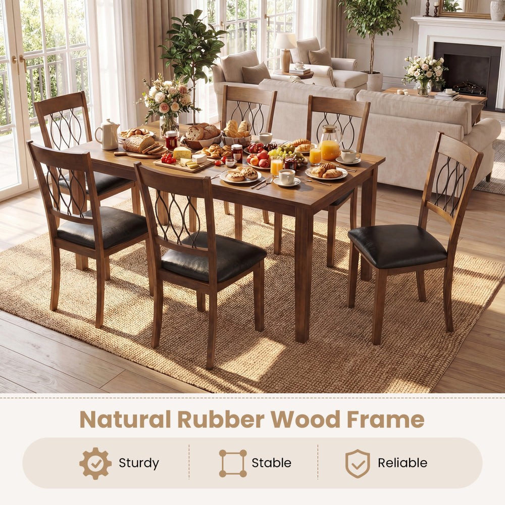 Walnut dining chair with padded seat and curved backrest, featuring durable rubber wood frame for comfortable seating.