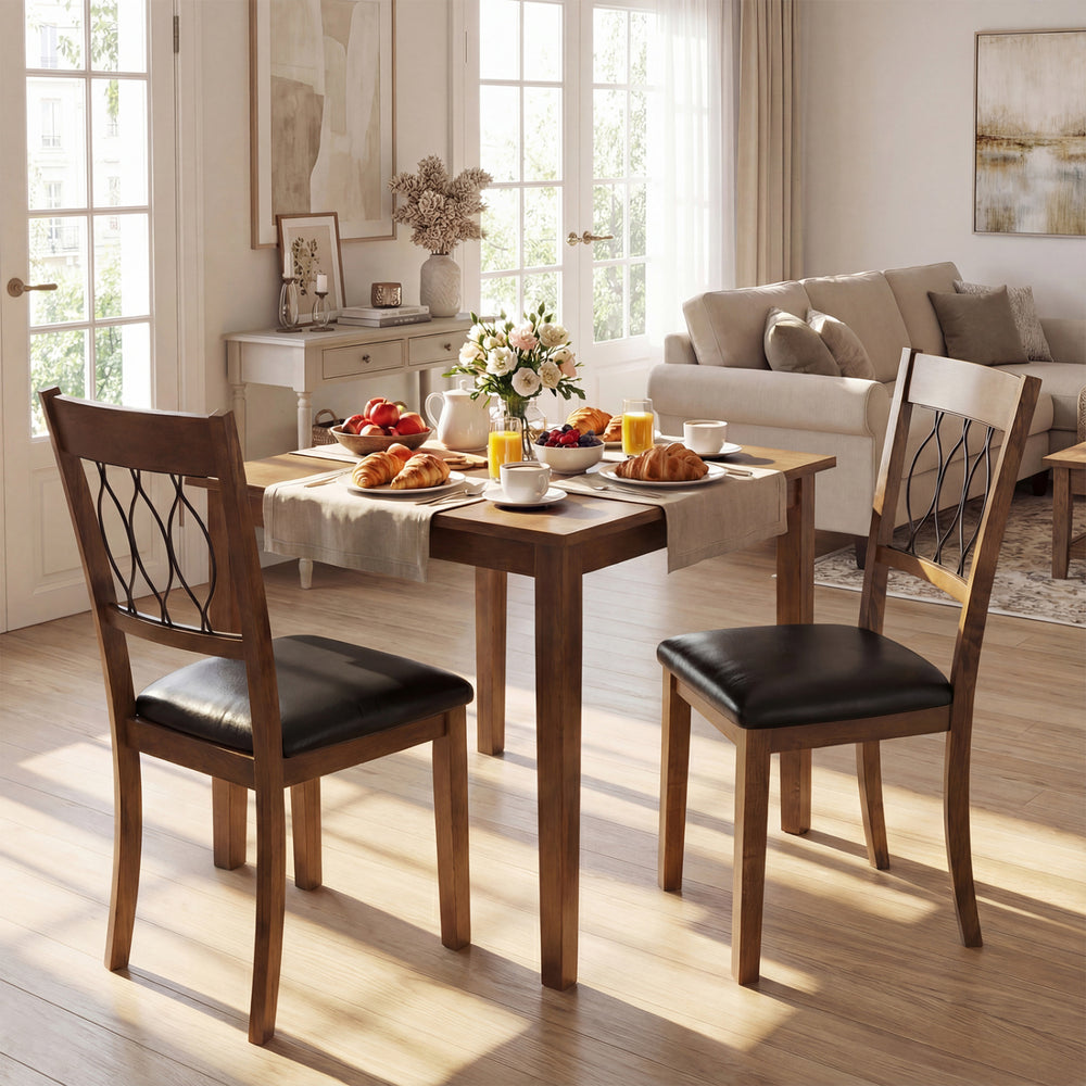 Set of 2 walnut dining chairs with faux leather upholstery and padded seats, perfect for stylish dining spaces.