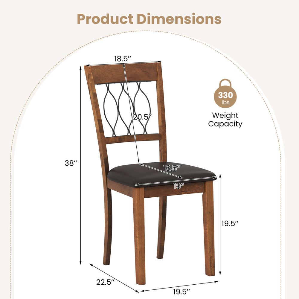 Dining chair dimensions with padded seat, walnut frame, and faux leather upholstery, supporting up to 330 lbs.