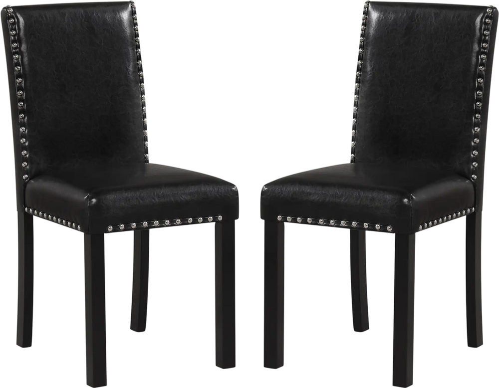 Set of 2 black dining chairs with solid rubber wood legs, padded seats, and elegant nailhead accents for versatile use.