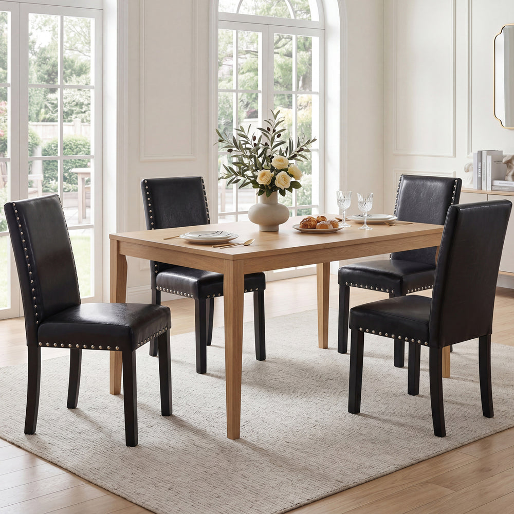 Set of 2 dining chairs with solid rubber wood legs and faux leather, featuring elegant nailhead accents for versatile.