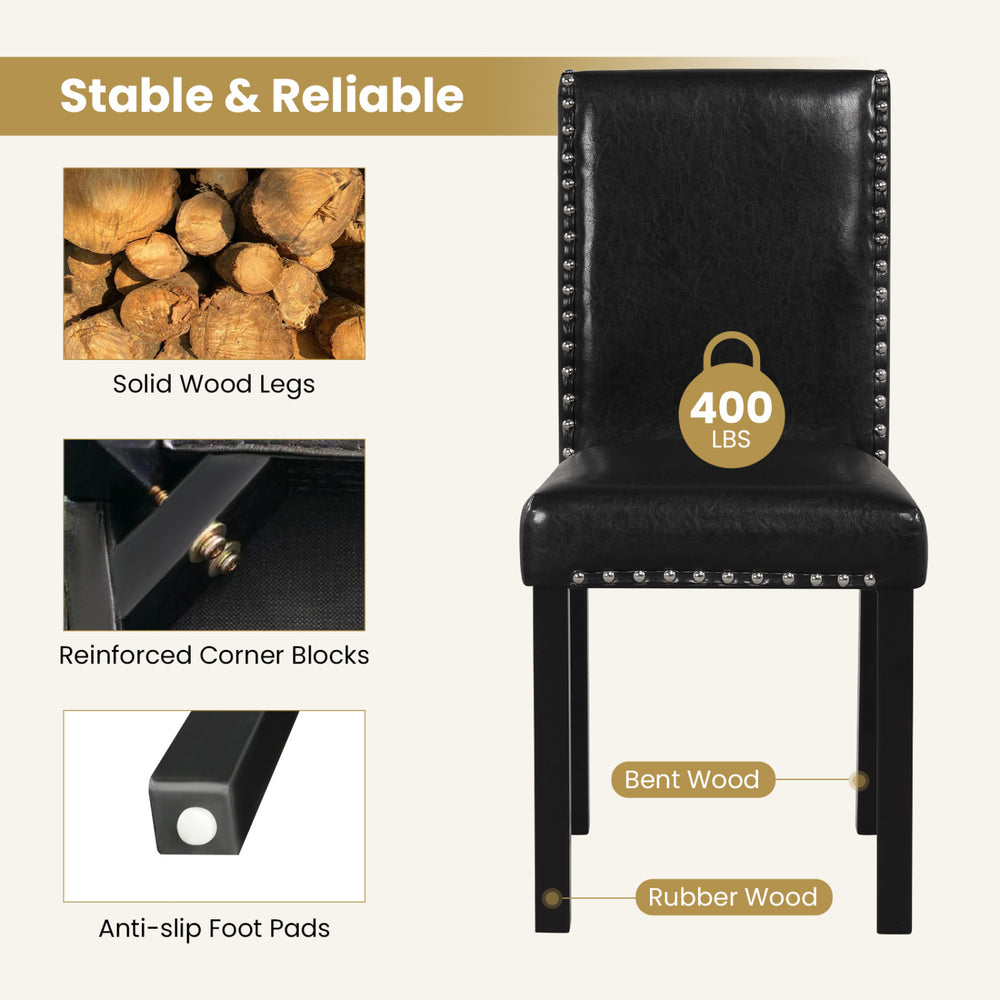 Dining chair with solid rubber wood legs, padded seat, and elegant nailhead accents, perfect for dining areas.