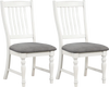 Set of 2 white dining chairs with solid wood legs and gray cushions, designed for comfort and stability in dining areas.