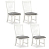 Set of 4 white dining chairs with solid wood legs and gray cushions, designed for comfort and stability in dining areas.