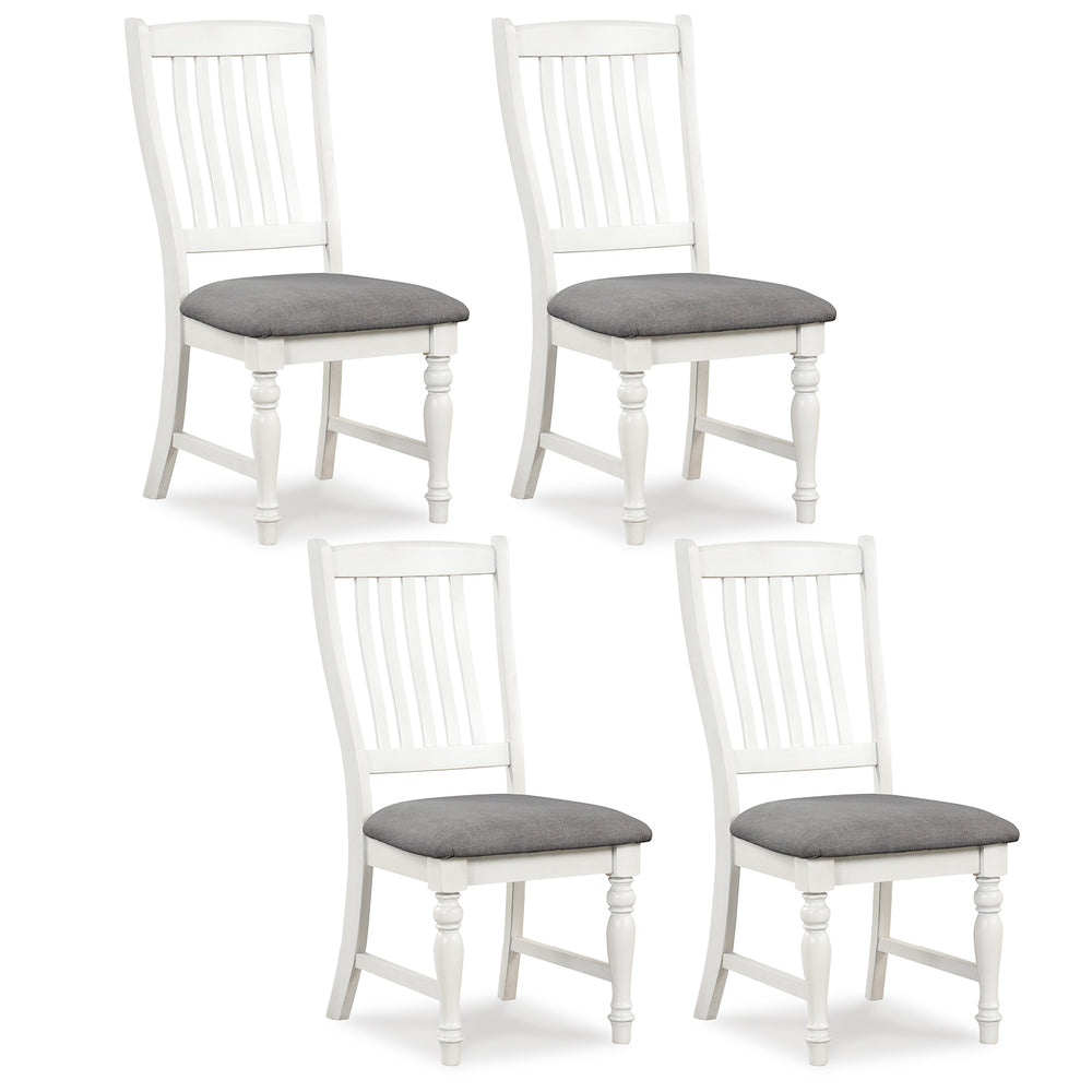 Set of 4 white dining chairs with solid wood legs and gray cushions, designed for comfort and stability in dining areas.