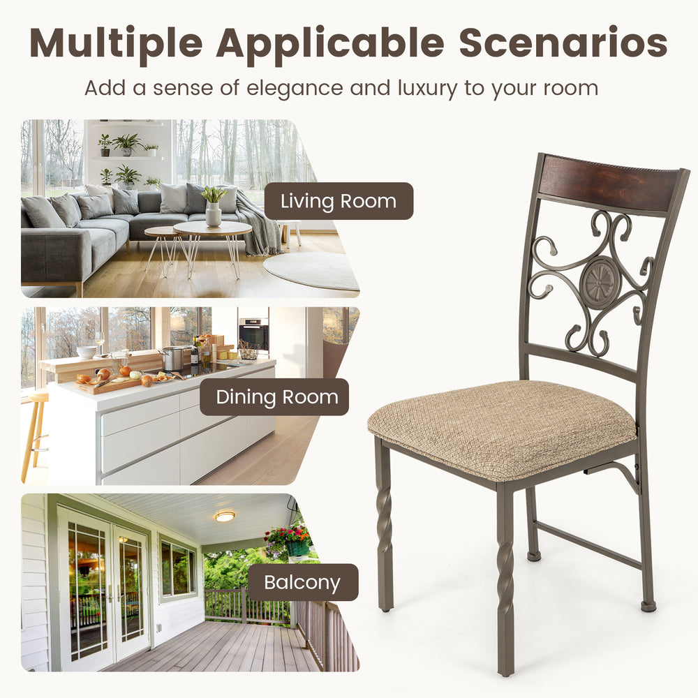 Armless dining chair with vintage pattern and brown seat cushion, perfect for living room, dining room, or balcony use.
