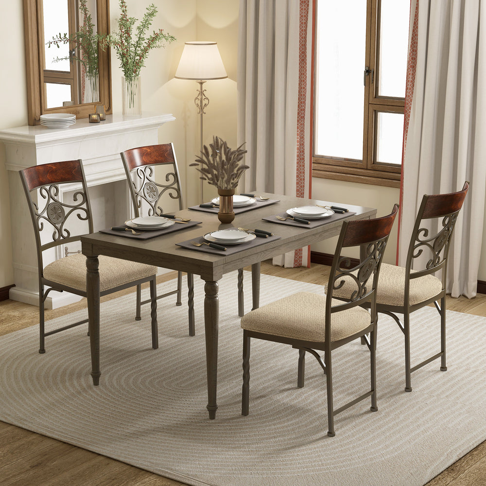 Armless dining room chairs with vintage pattern, brown seat cushions, and durable metal frame for stylish dining spaces.