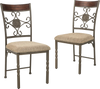 Set of 2 armless dining room chairs with brown cushioned seats and vintage metal frame, perfect for dining or living.