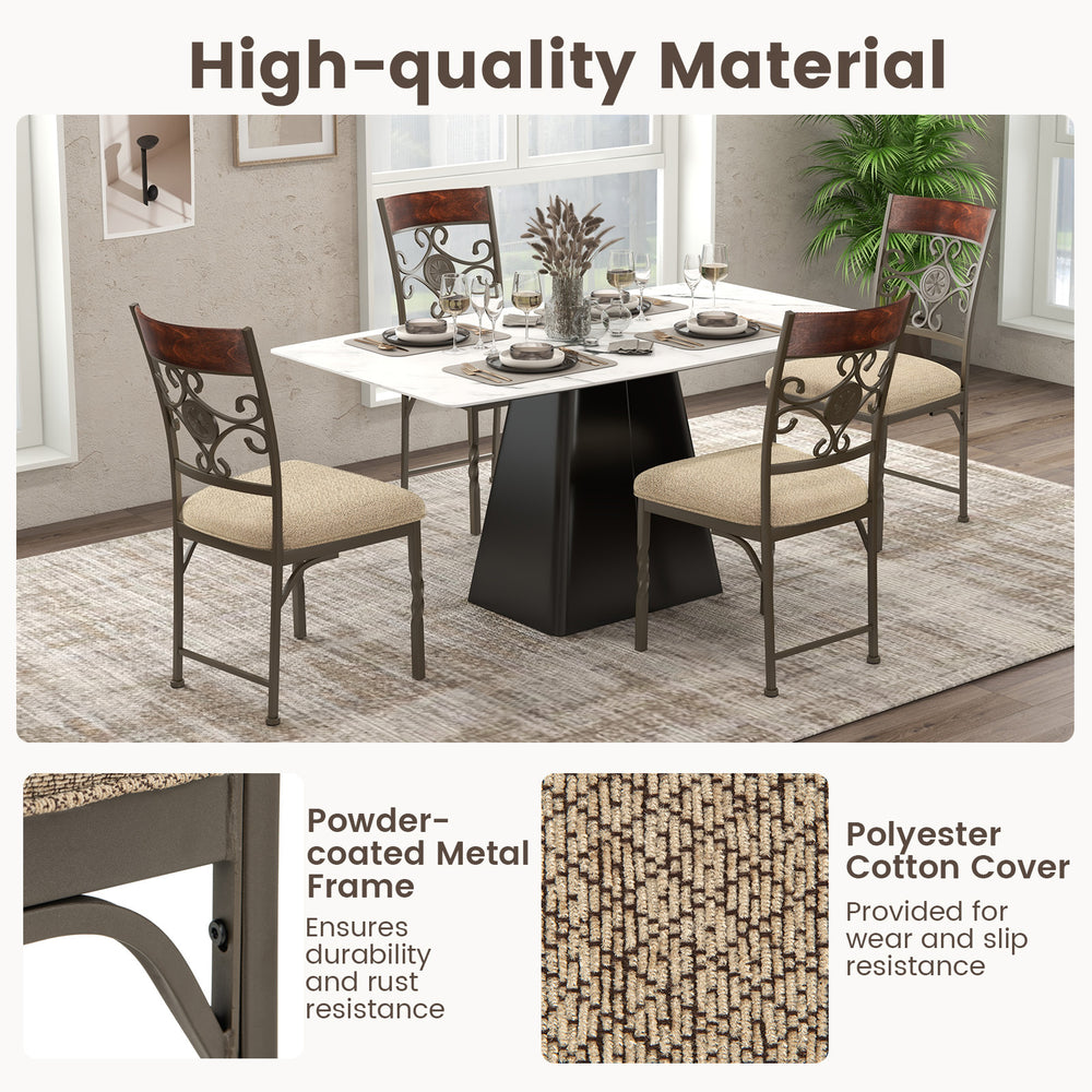 Armless dining chair set with brown seat cushions, featuring a durable powder-coated metal frame for versatile use.