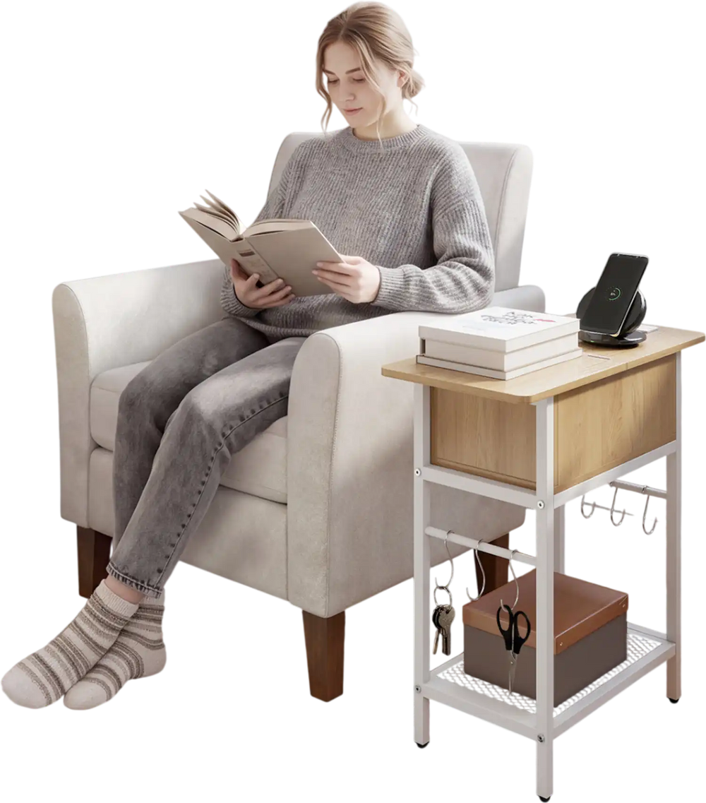 Set of 2 end tables with charging station, natural wood finish, featuring hidden compartments and sturdy metal.