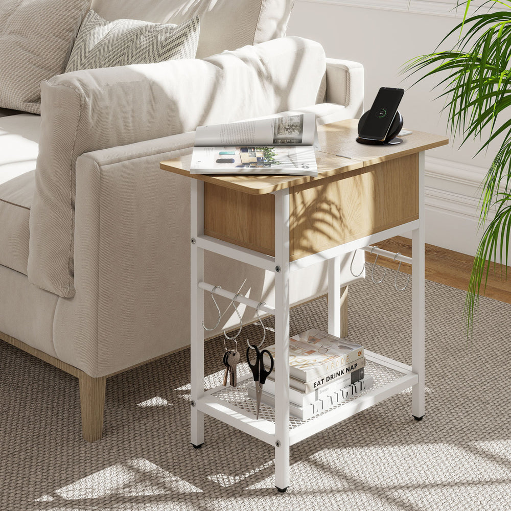 End table with natural wood top, charging station, hidden compartment, and S hooks, perfect for living room.