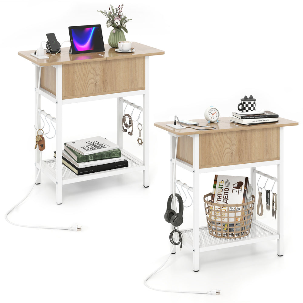 Set of 2 end tables with natural finish, featuring a charging station, hidden compartment, and removable S hooks.