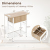 End table with charging station, hidden compartment, and dimensions; natural wood finish and robust metal structure.
