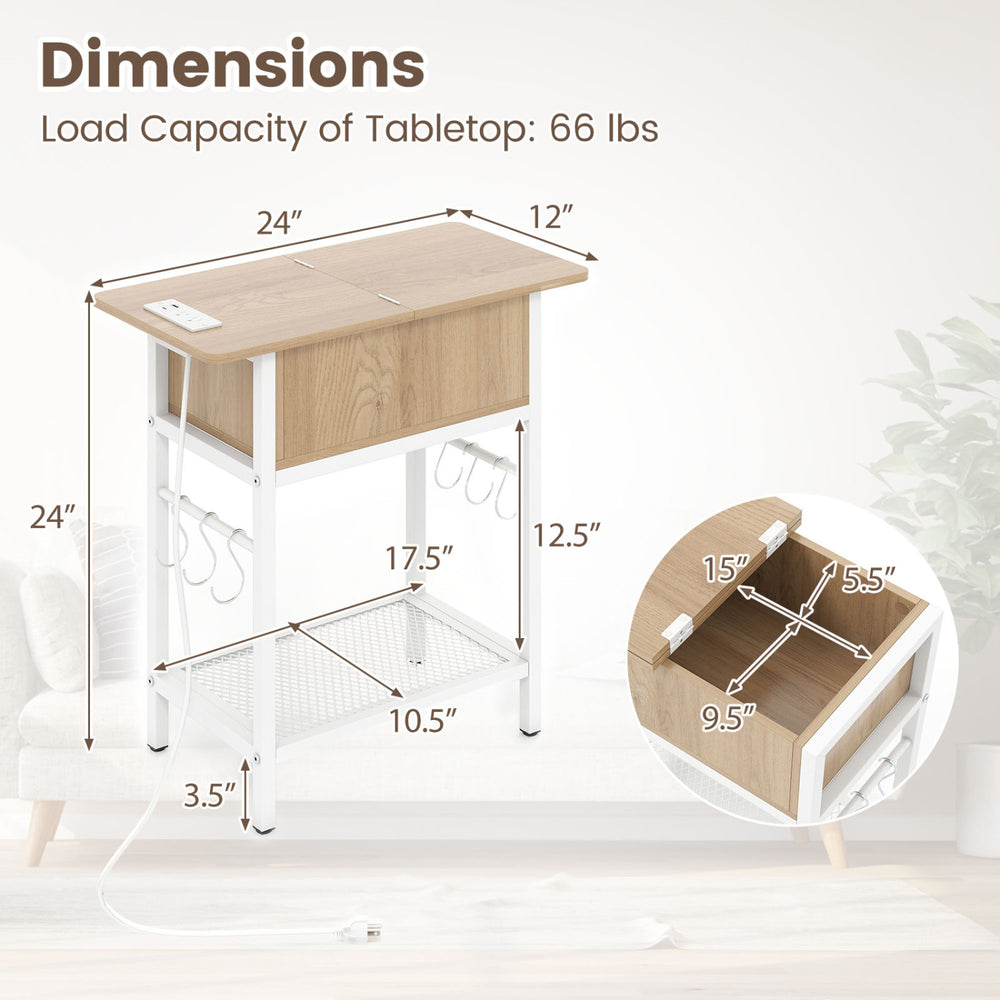 End table with charging station, hidden compartment, and dimensions; natural wood finish and robust metal structure.