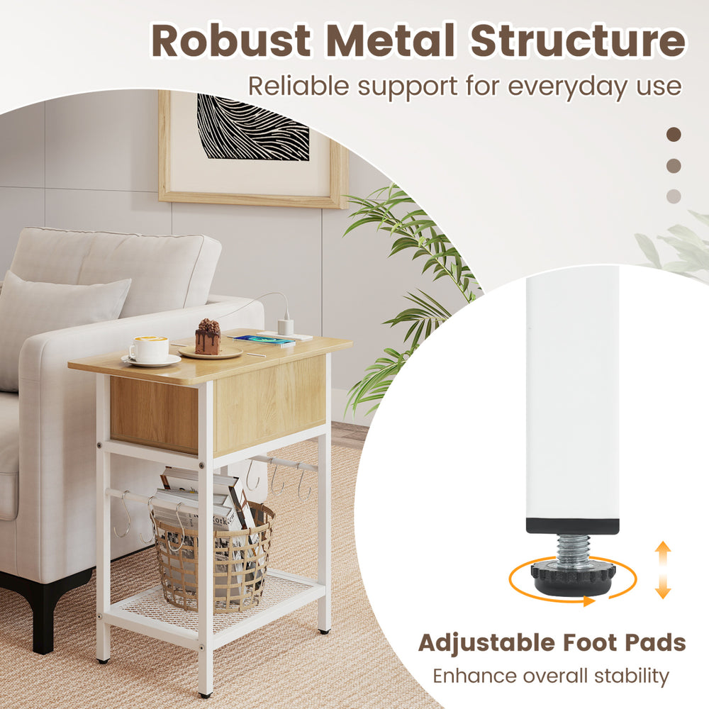 End table featuring a natural wood top, charging station, and adjustable foot pads for enhanced stability.