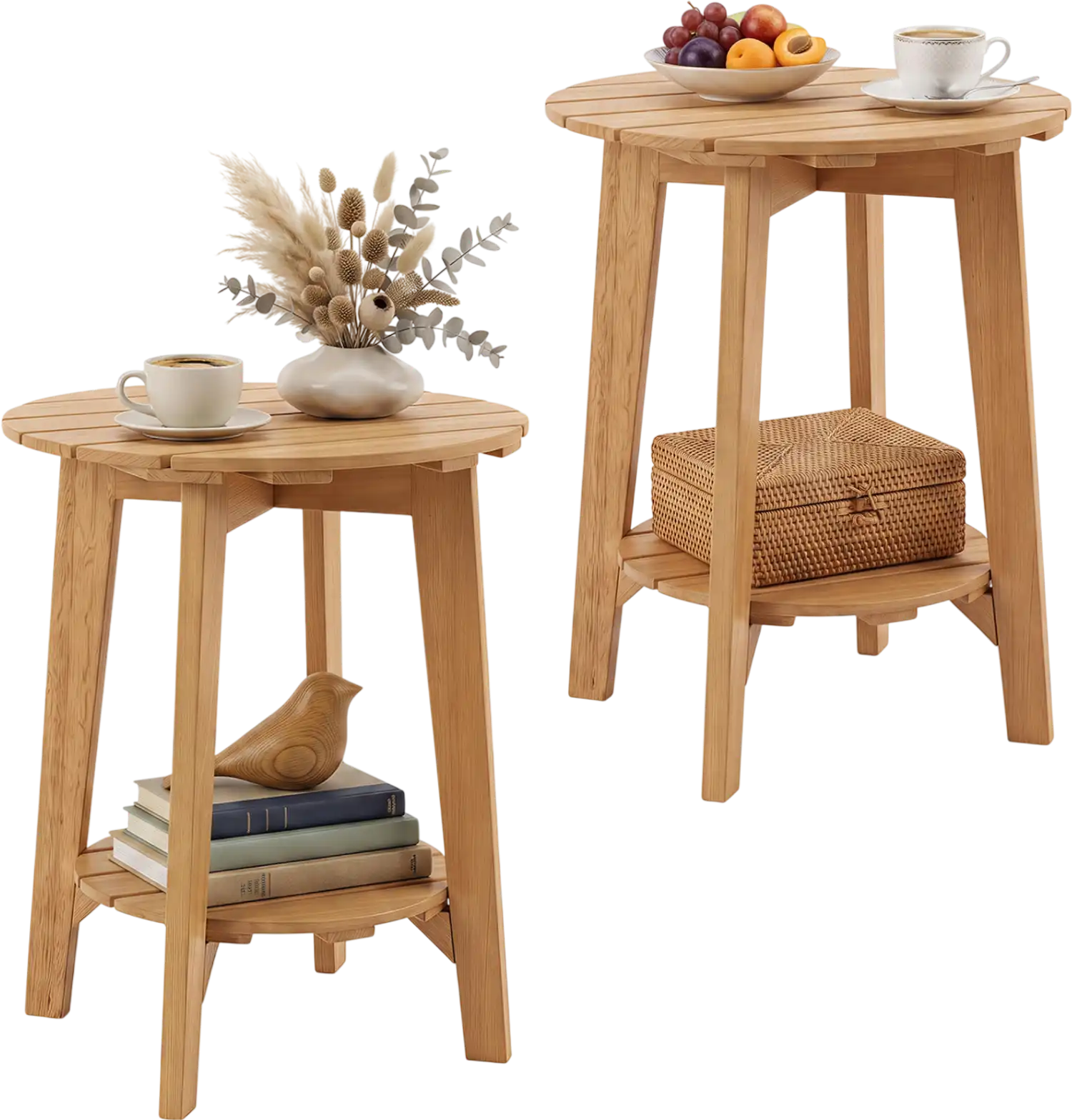Costway Set of 2 Outdoor Eucalyptus Wood 2-Tier Side Tables with Slatted Top Storage Shelf 47663629 New