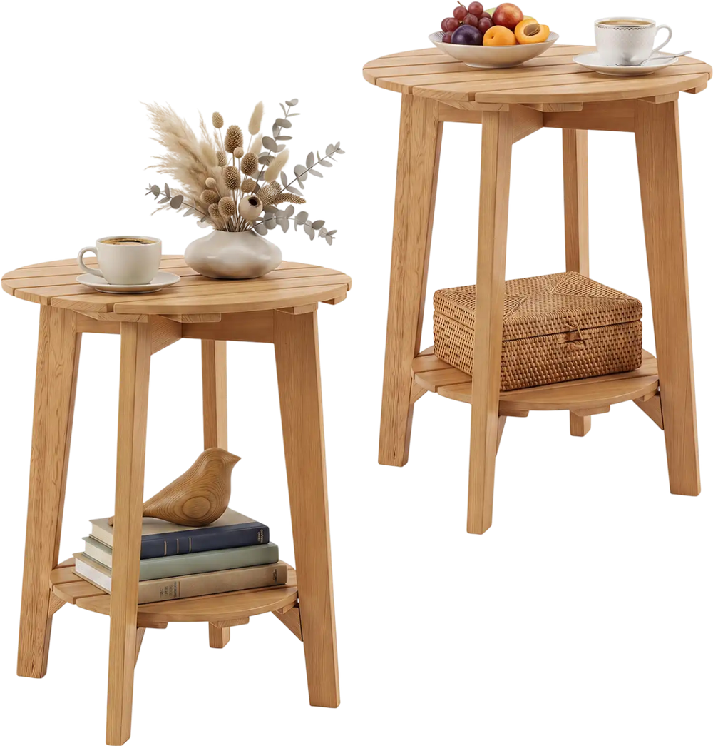 Set of 2 natural eucalyptus wood side tables with slatted tabletops and storage shelves for versatile indoor and outdoor use.