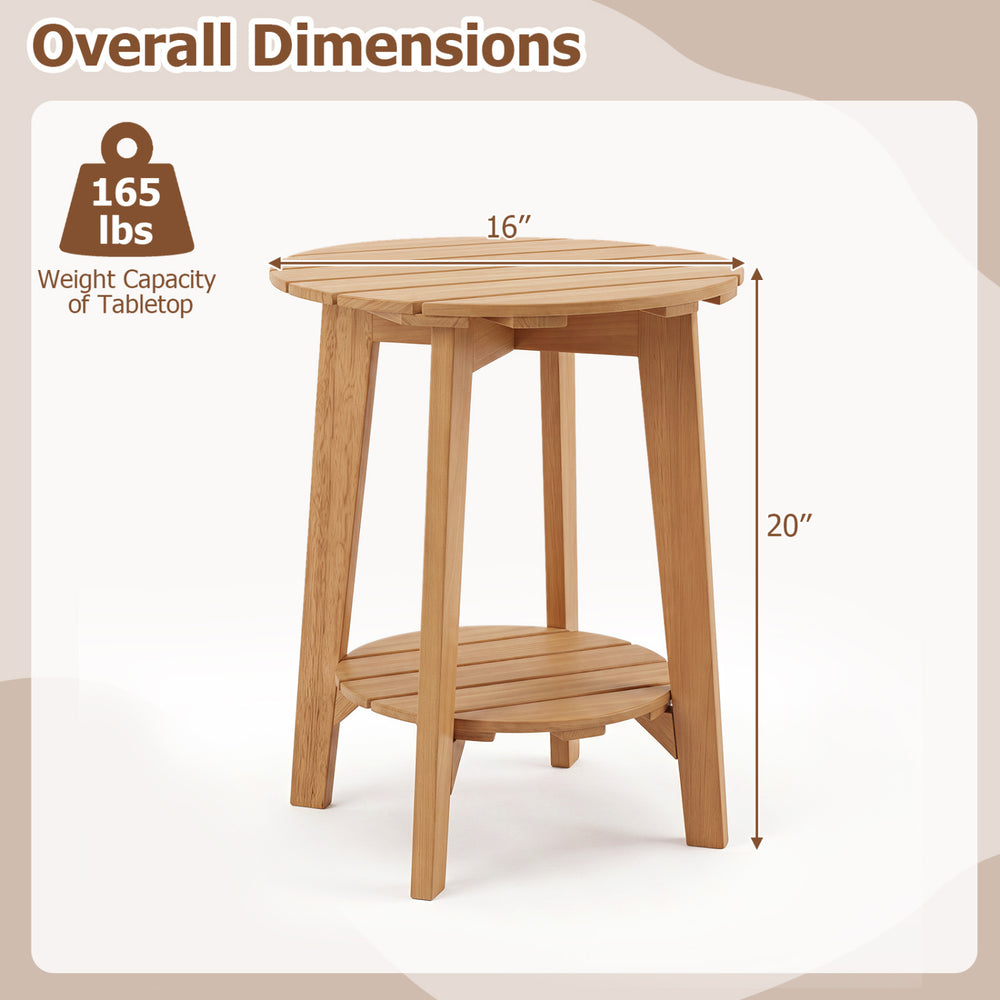 Eucalyptus wood side table features a slatted tabletop and storage shelf, ideal for outdoor use in patios or backyards.