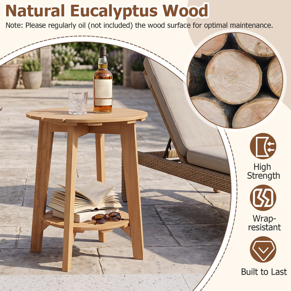Eucalyptus wood side table features a slatted tabletop and storage shelf, perfect for outdoor or indoor use.