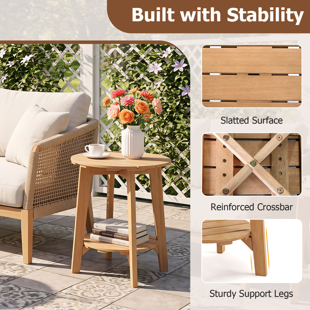 Eucalyptus wood side table features a slatted tabletop and storage shelf, perfect for outdoor patio or indoor use.