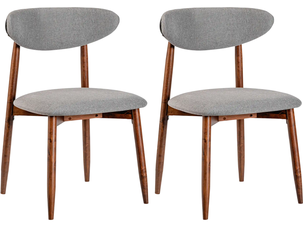 Gray fabric upholstered dining chair with a padded seat and curved back, offering modern farmhouse style and comfort.