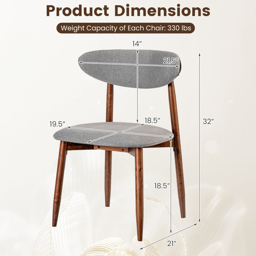 Dimensions of a gray fabric upholstered dining chair with curved back, solid rubber wood legs, and 330 lbs weight capacity.